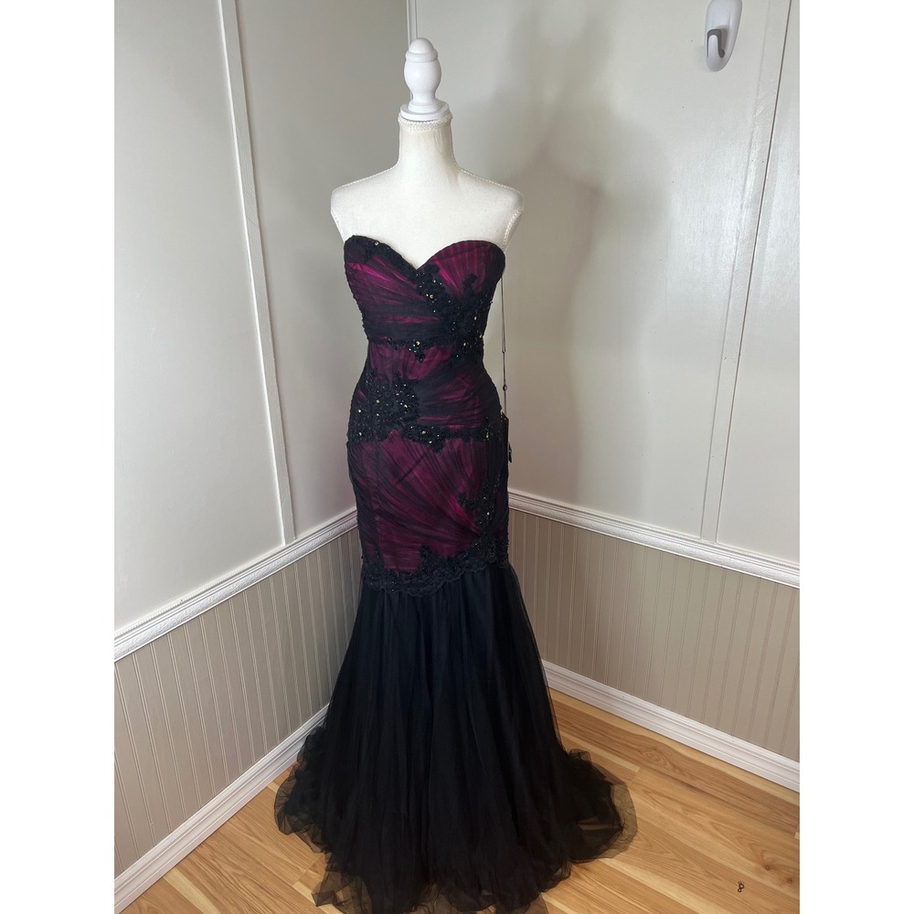 Alyce Black Label Mermaid Gown Magenta Black Lace Tulle Prom Dress 80254 Size 12
